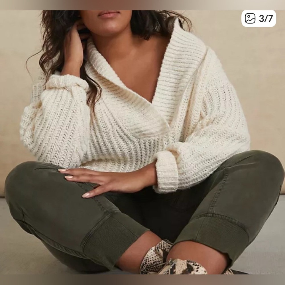 Anthropologie Pilcro Joyce V-Neck Sweater Chunky Knit White Ivory Cream Size S
